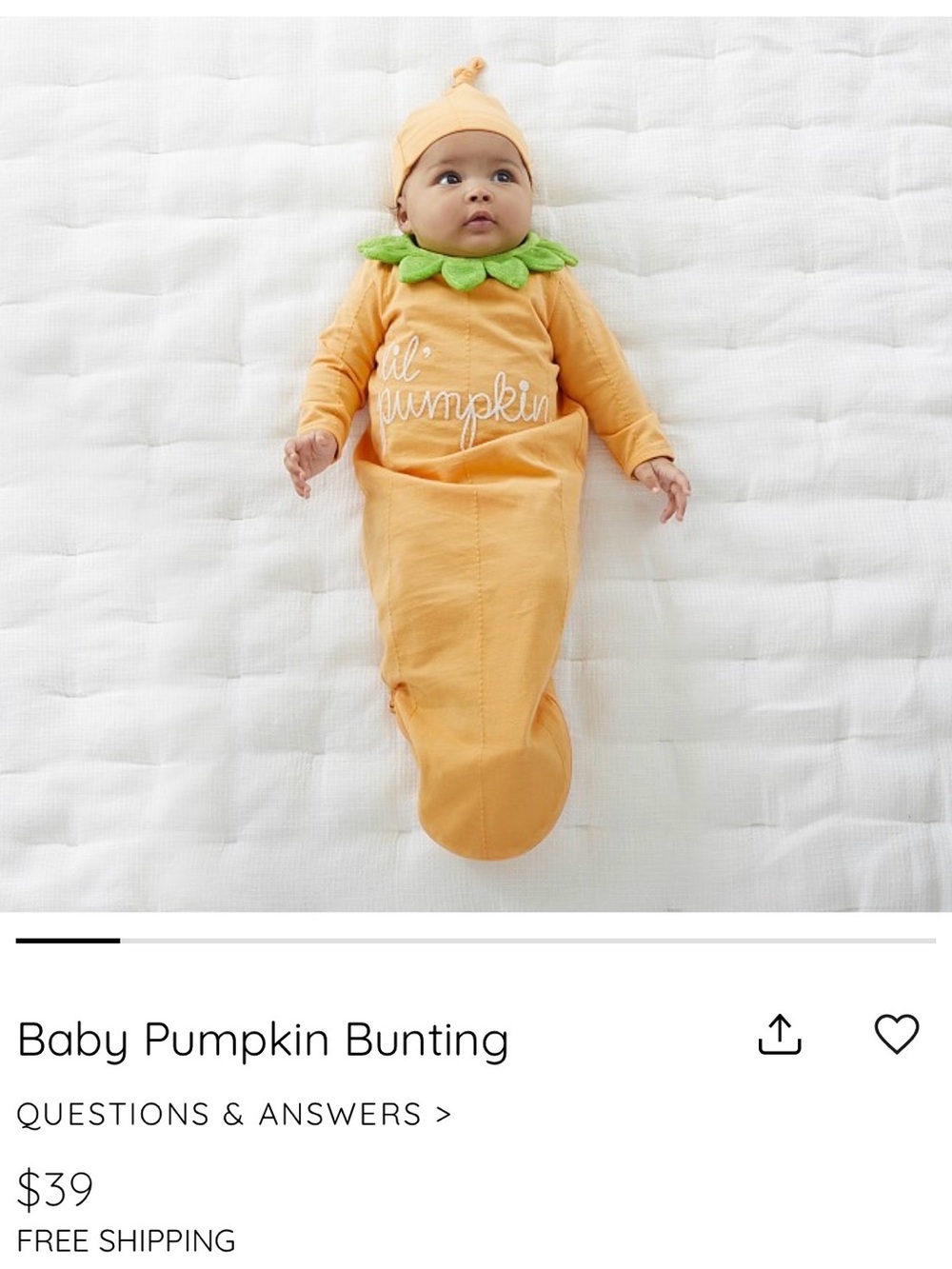 Pottery Barn Kids Orange Pumpkin Bunting with Green Leaf Collar